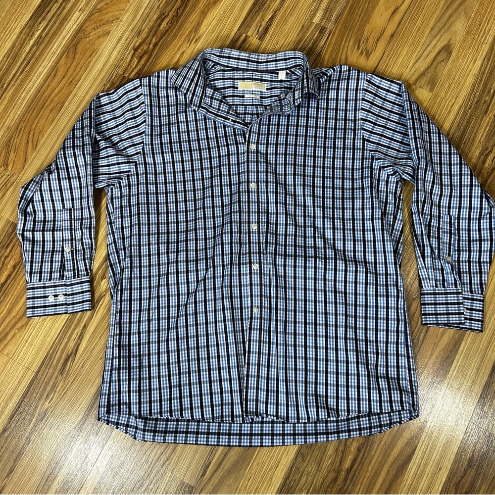Michael Kors Men Long Shirt Sleeves Button Up Size 17 32/33 Non Iron Blue Plaid